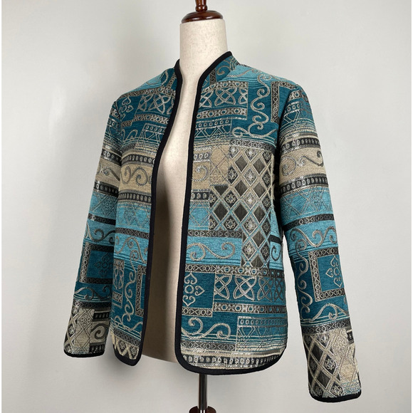 Vintage Serengeti Patchwork Tapestry Jacket Sz S Blue Metallic Shimmery Pockets - Picture 2 of 16